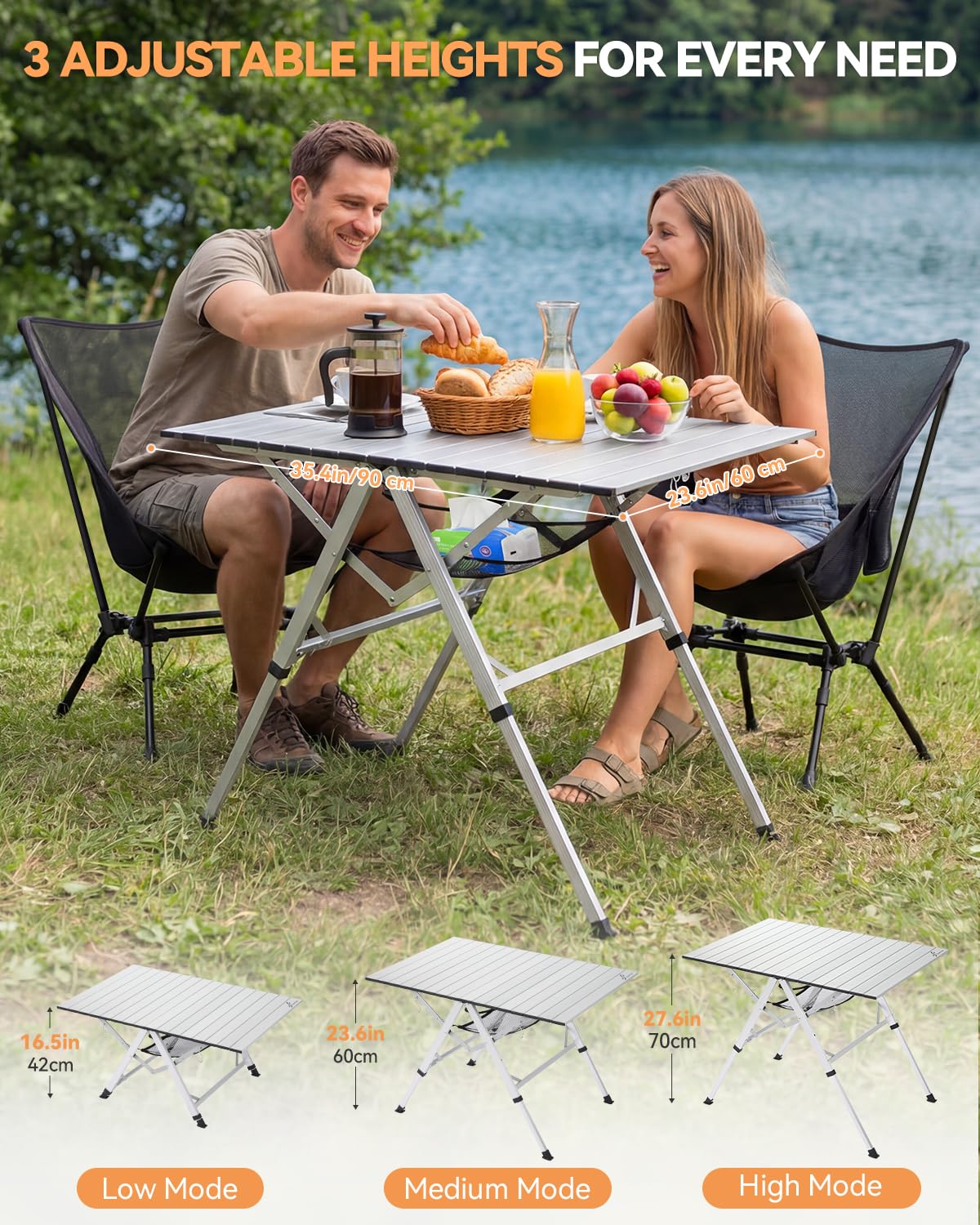 Sportneer Składany stół kempingowy 90 x 60 cm – Duży aluminiowy składany stół z 3 wysokościami (42/60/70 cm), przenośny stół na piknik, lekki stół na zewnątrz do kempingu, ogrodu, balkonu, plaży i