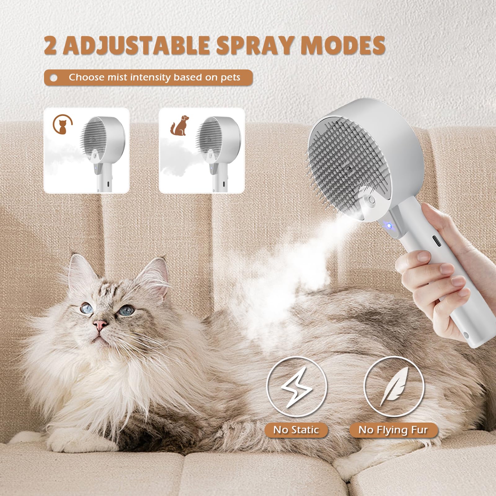Spazzola a vapore 4 in 1 per cani e gatti - Autopulente con serbatoio d'acqua - Toelettatura e massaggio per animali domestici（Grigio）