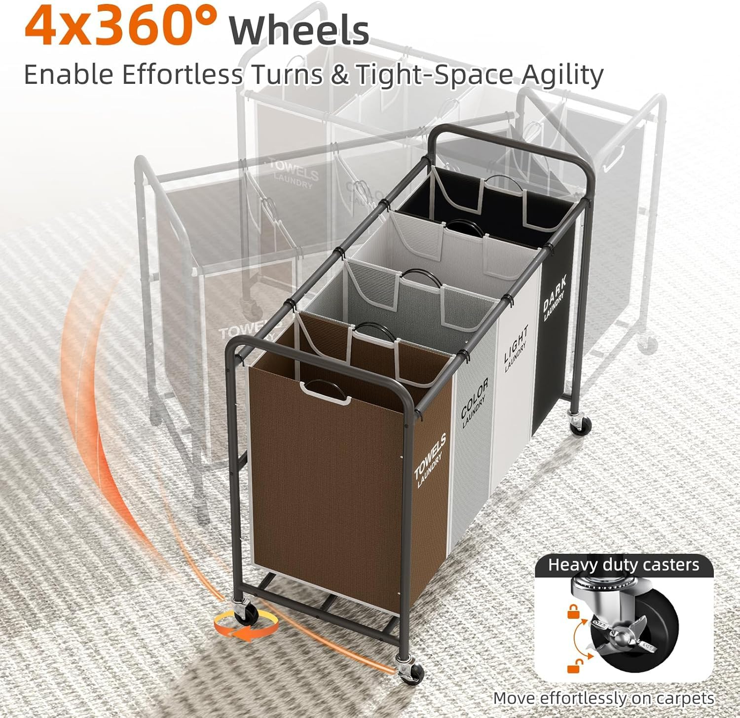 ROMOON Laundry Hamper Sorter Cart, 4-Section Organizer with Lockable Wheels — product photo