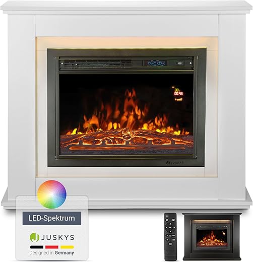Juskys Elektrokamin 1000/2000 W mit Heizung, Kaminfeuer, Flammeneffekt, Fernbedienung, LED Beleuchtung & Timer - Elektrischer Kamin Standkamin weiß