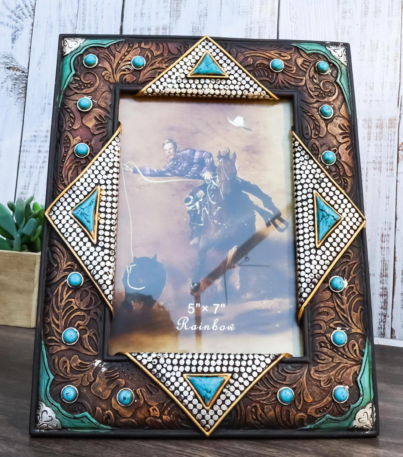 Ebros Gift Rustic Western Turquoise Gems Faux Floral Tooled Leather Diamond Silver Nail Pins Easel Back Or Wall Hanging Picture Frame for 5"X7" Photo Cowboy Cabin Lodge Farm House Accent