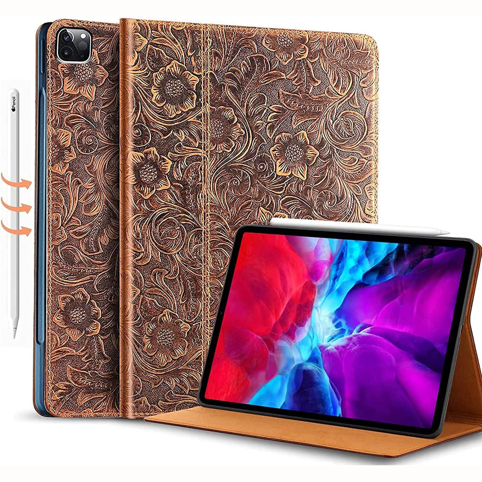 GexmilCase for New Ipad Pro 12.9 Inch 2022/2021 inch (6th/5th Gen),Genuine Leather Ipad Pro 12.9 Cover(2020/2018),Made from Real Leather Cowhide (Pattern-Brown)