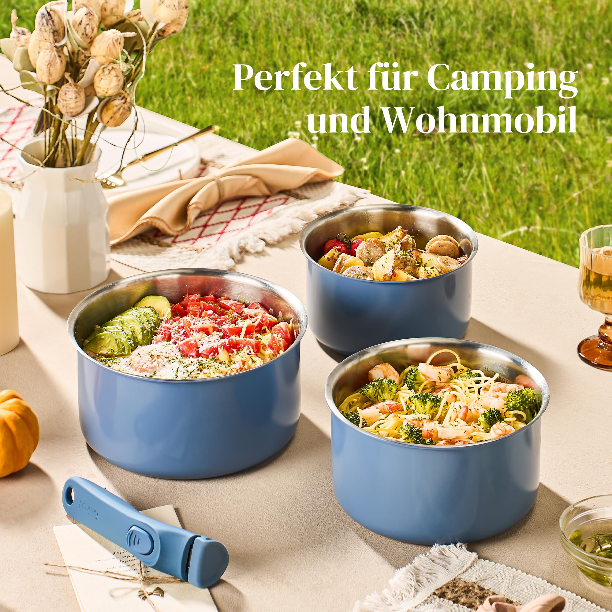 Redchef Set di pentole con manici rimovibili, 5 pezzi, in acciaio inox non rivestito, 16/18/20 cm e coperchio di chiusura 3 in 1, set di pentole a induzione per tutti i tipi di fornelli, adatte al