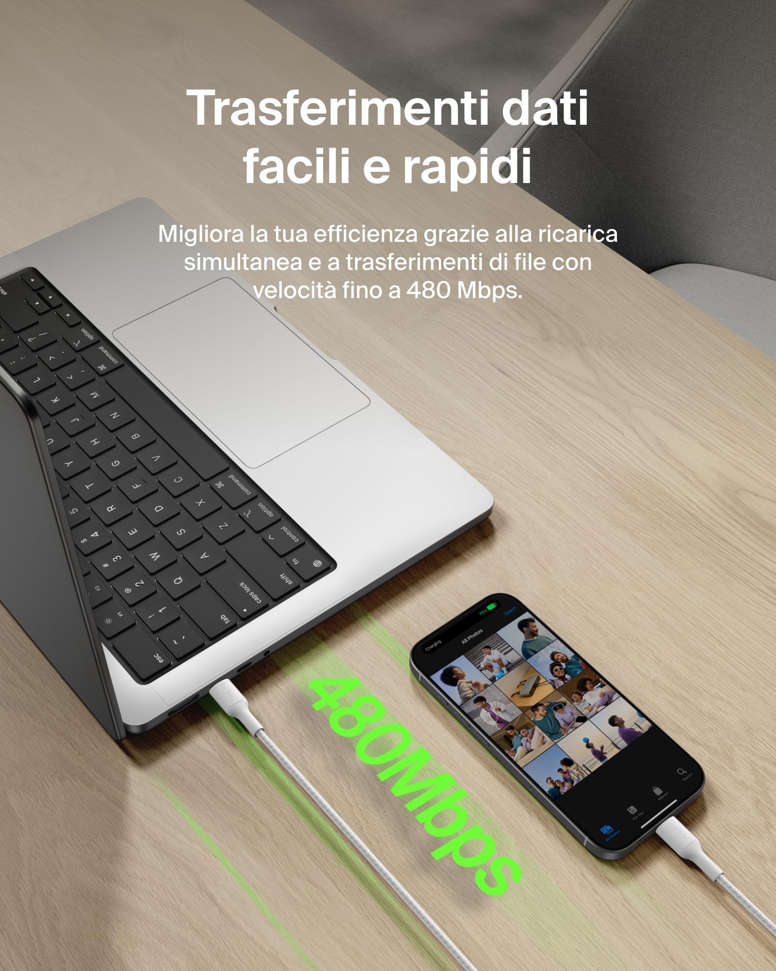 Belkin Cavo da USB-C a USB-C intrecciato, ecosostenibile (3 m, 240 W), Cavo USBC di Ricarica Rapida flessibile per iPhone 16, Galaxy S25, Pixel 9, MacBook, iPad Pro - Bianco (USB-C 2.0)