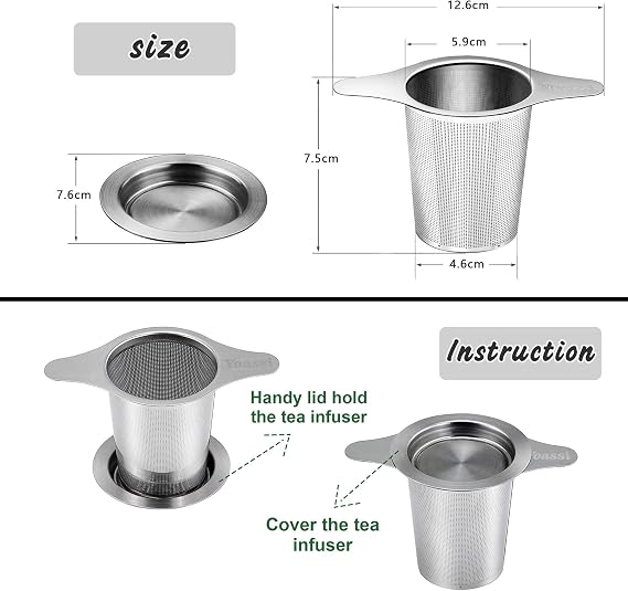 Yoassi Tea Infuser, 304 Stainless Steel Tea Filter Strainer with Lid and Double Handles Perfect for Hanging on Teapots, Mugs, Cups to steep Loose Leaf Tea and Coffee
