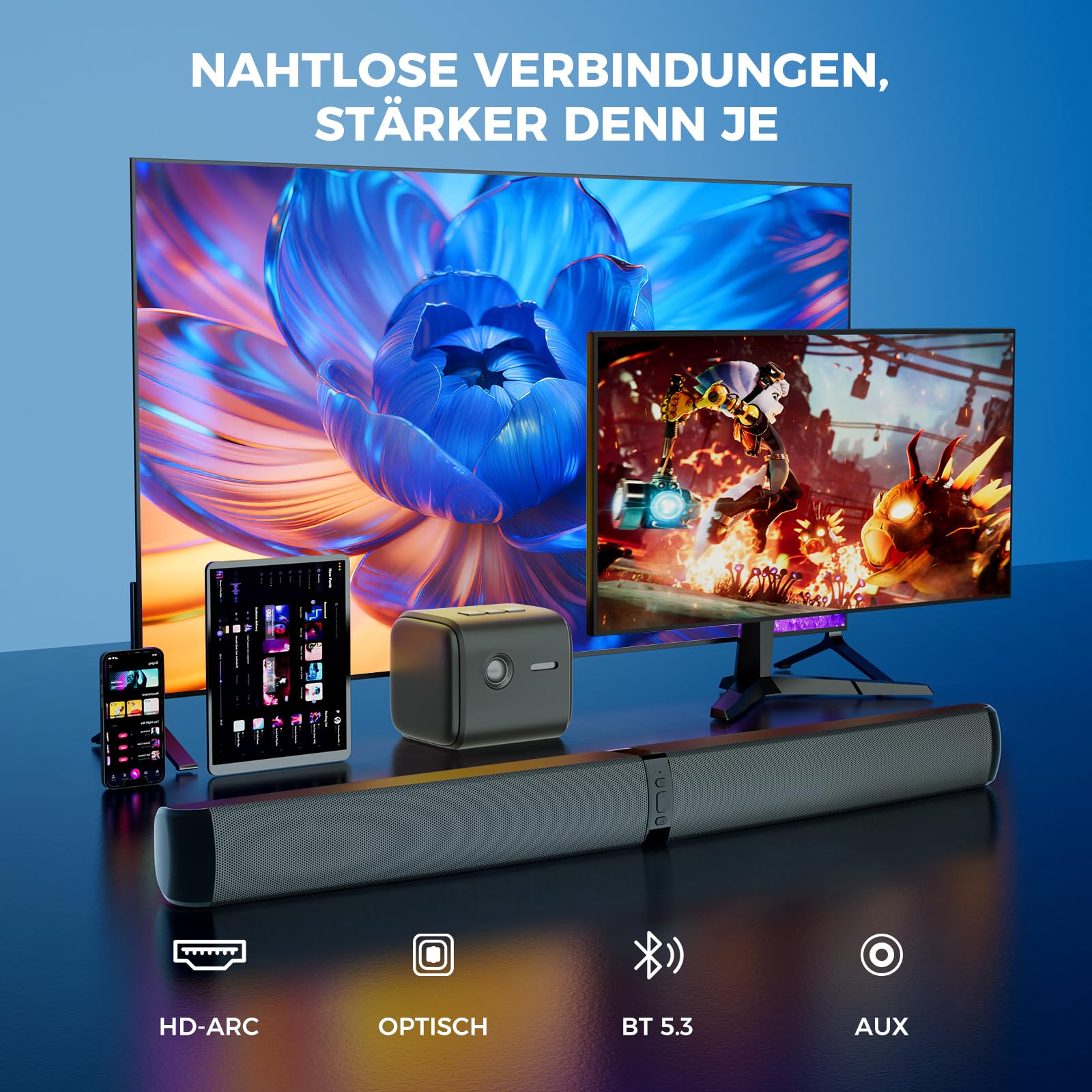 GarageRock Soundbar für TV Geräte, 2026 Upgrade 90W 2-in-1 Teilbare Soundbar for TV, Bluetooth 5.3 Lautsprecher für Fernseher with ARC/Opt/AUX Anschluss, Heimkino Soundsystem for TV/PC/Gaming/Gift