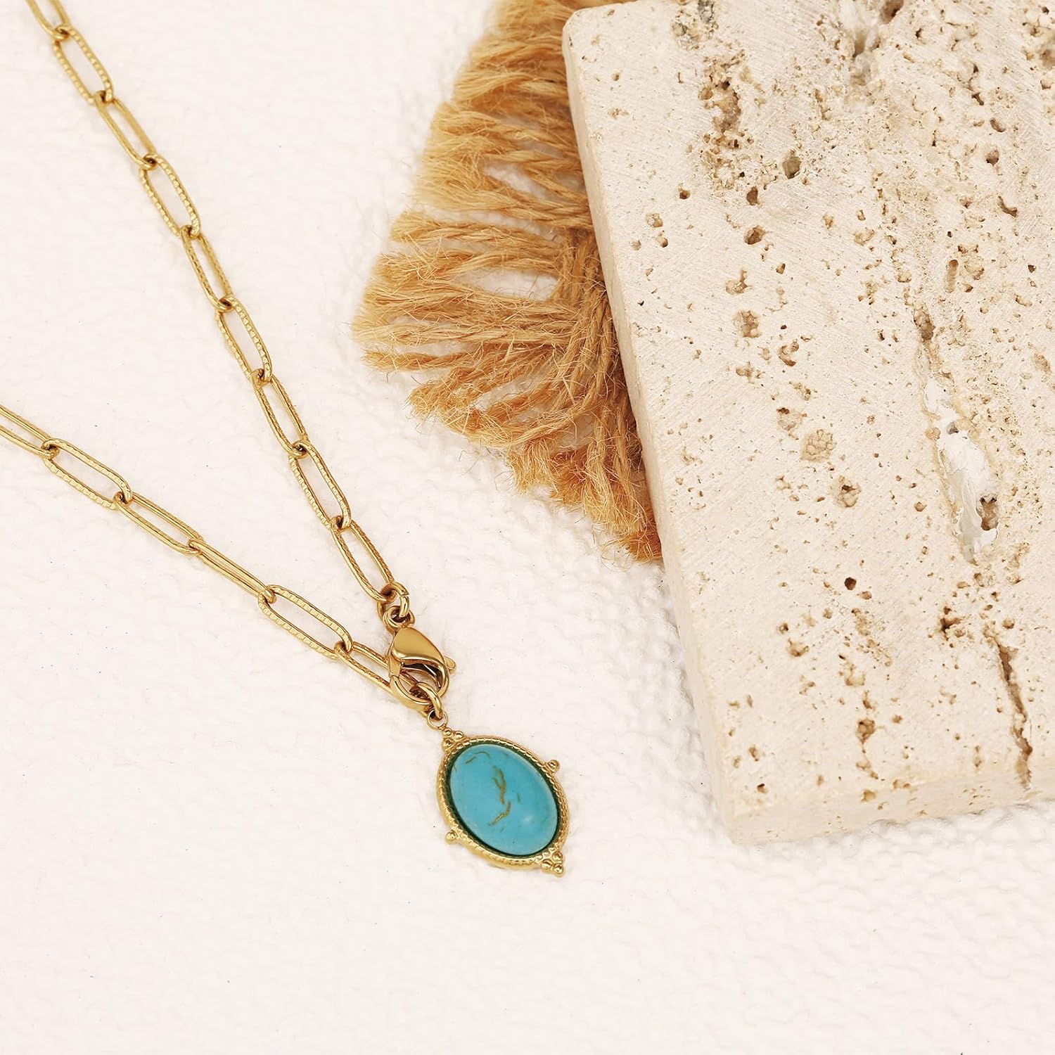 Turquoise Necklace Gold Turquoise Jewelry for Women Western Jewelry for Women Vintage Western Statement Necklace Oval Stone Pendant 14K Gold Plated Stainless Steel - Image 5