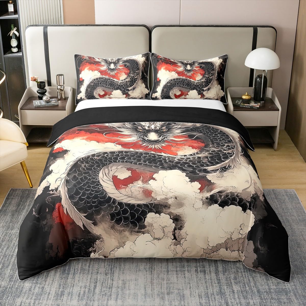 Parure de lit dragon oriental en coton 220x240 pour ados