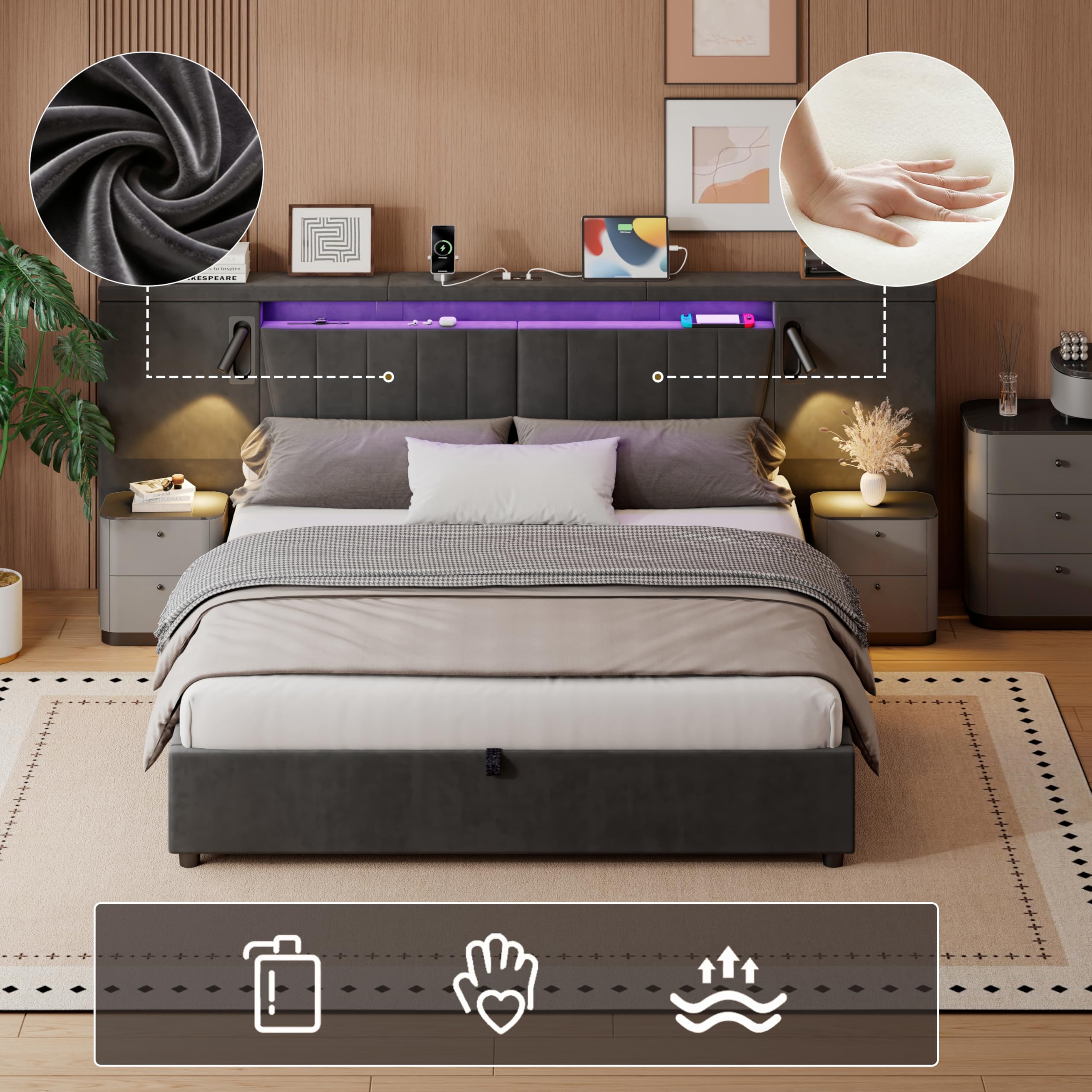 Letto Matrimoniale 180x200 con LED Testiera larga, Letto Contenitore Matrimoniale con porta USB e Lampada, Struttura Letto Matrimoniale Imbottito 180x200, Senza Materasso, Velluto Grigio