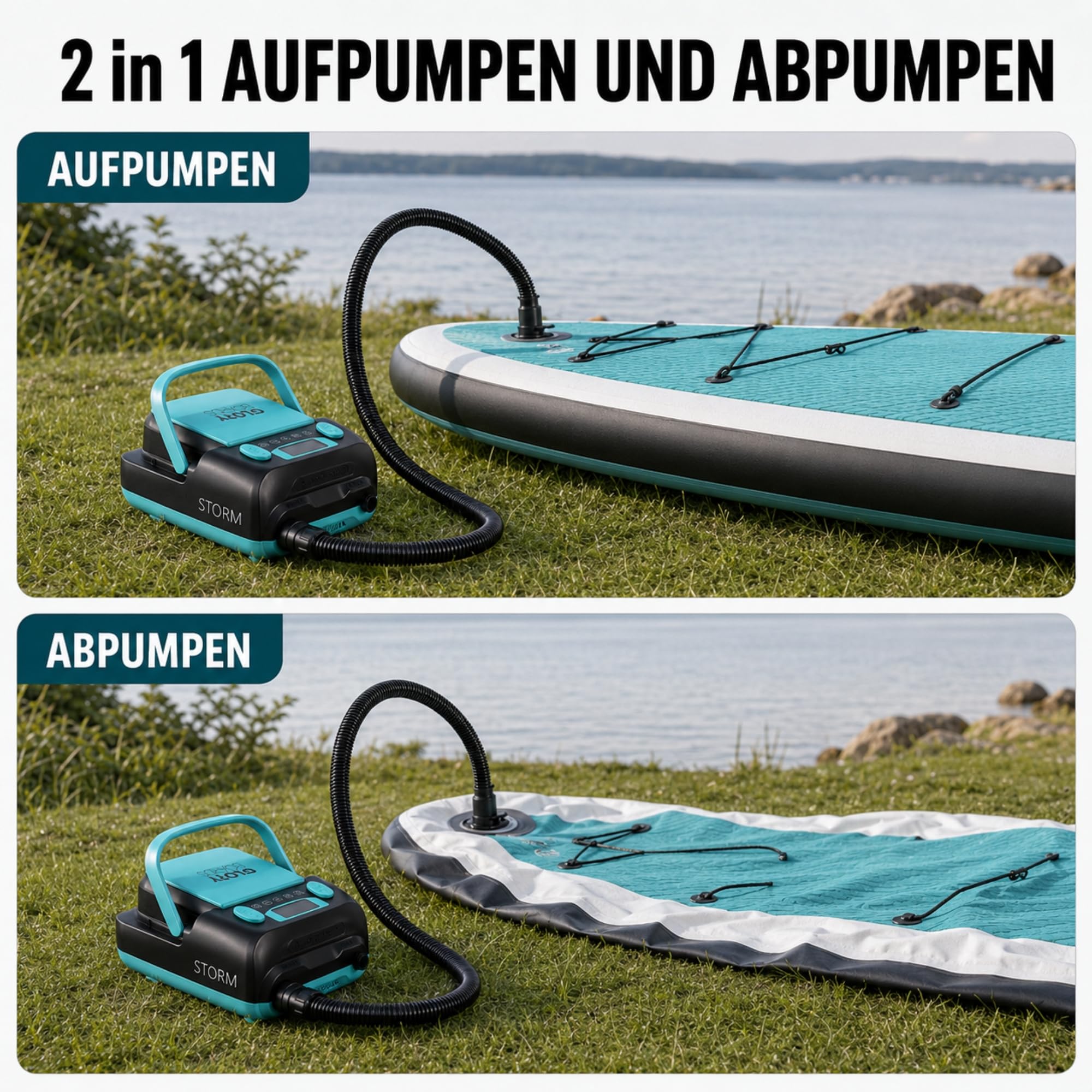 GLORY BOARDS® - SUP Pumpe Akku | elektrische Pumpe SUP | 20 PSI Hochdruck | elektrische Luftpumpe mit 6 Adapter für Stand up Paddle Boards, Boote, Kajak, Luftmatrazen, Zelt | 230V & 12V Ladefunktion