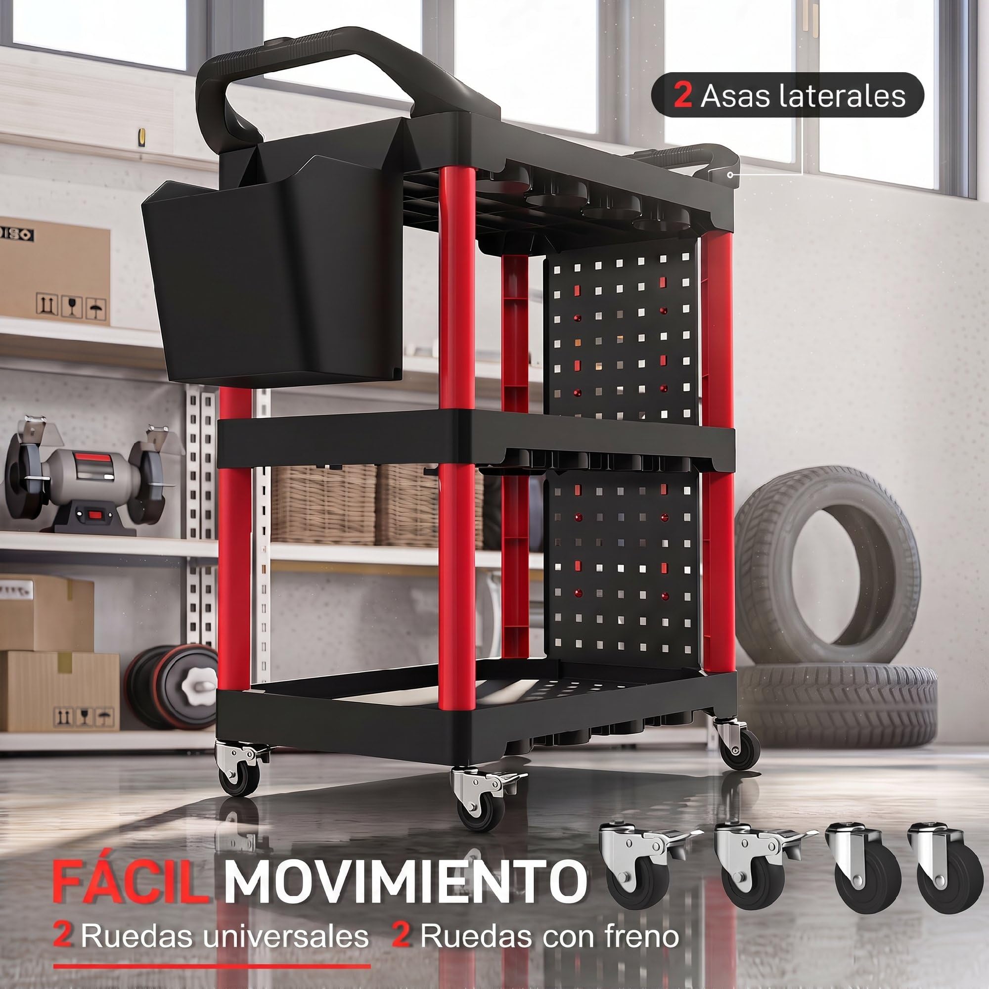 HOMCOM Carro de Taller de 3 Niveles con Paneles Perforados Negro y Rojo | Carro de Herramientas, Asa Lateral, Ganchos, Cubeta, para Garaje Mecánico, Hogar