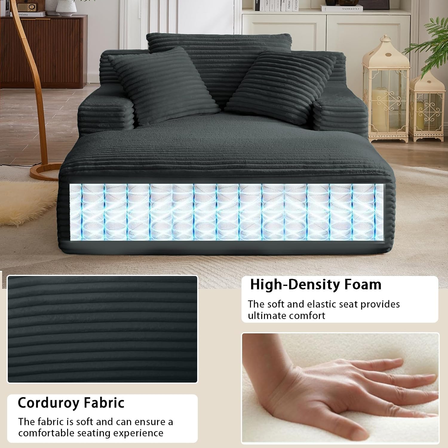 50" W Oversized Chaise Lounge Chair Indoor, Upholstered Corduroy Sofa Bed with Arm & 3 Pillows, Deep Seat Boneless Cloud Couch, Reading Chairs for Living Room,No Assembly Required,Dark Gray