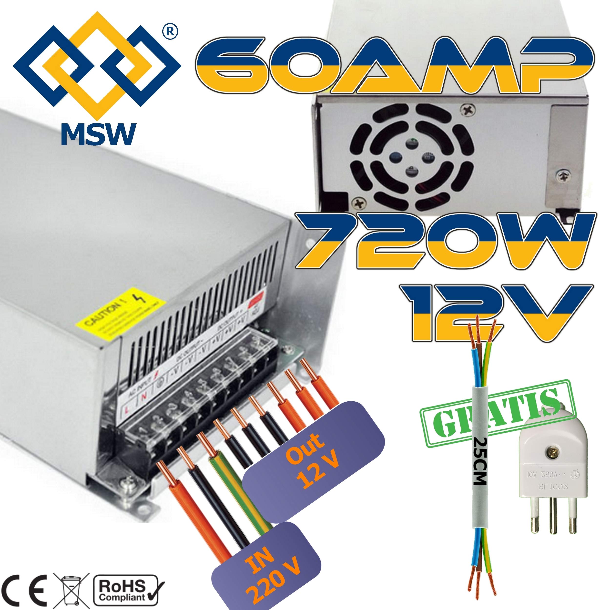MSW Alimentatore 50amp 600W Trasformatore Stabilizzato con Trimmer in 220V out 12V Amp con Spina e Cavo in Omaggio 50A 50Amp 50 A 50 Amp