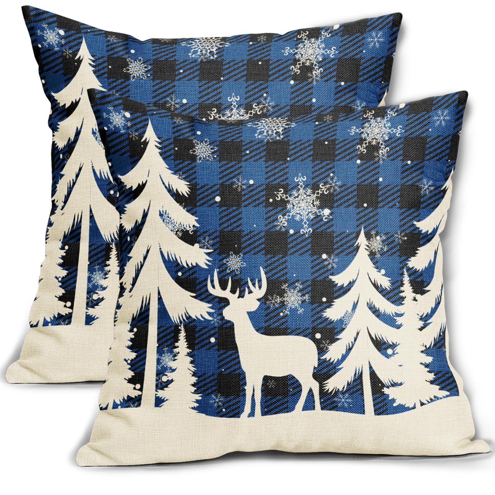 Christmas Pillow Covers 18x18 Inch Set of 2 , Xmas Tree Deer Snowflakes Blue Plaid Rustic Winter Decorative Throw Pillow Cases Outdoor Linen Cushion