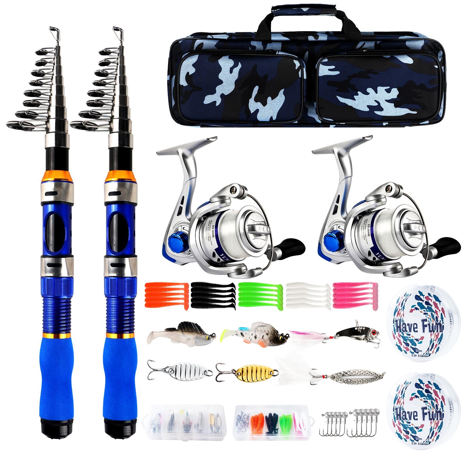 Telescopic Fishing Rod Reel Combo 2PCS 6.89FT Collapsible Fishing Pole Spinning Reel Lures Accessories with Fishing Bag Portable Fishing Rod Kit for Saltwater Freshwater Travel Fishermen Gift (Blue)