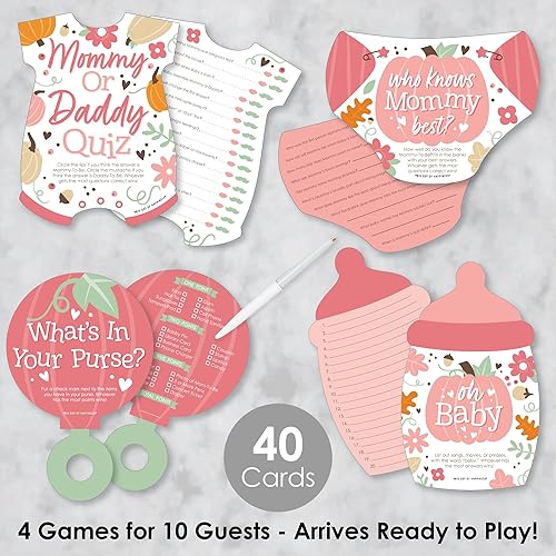Miniatura 2 de Big Dot of Happiness Girl Little Pumpkin - 4 juegos de baby shower de otoño - 10 cartas cada uno - Quién sabe mejor a mami, cuestionario de mamá o