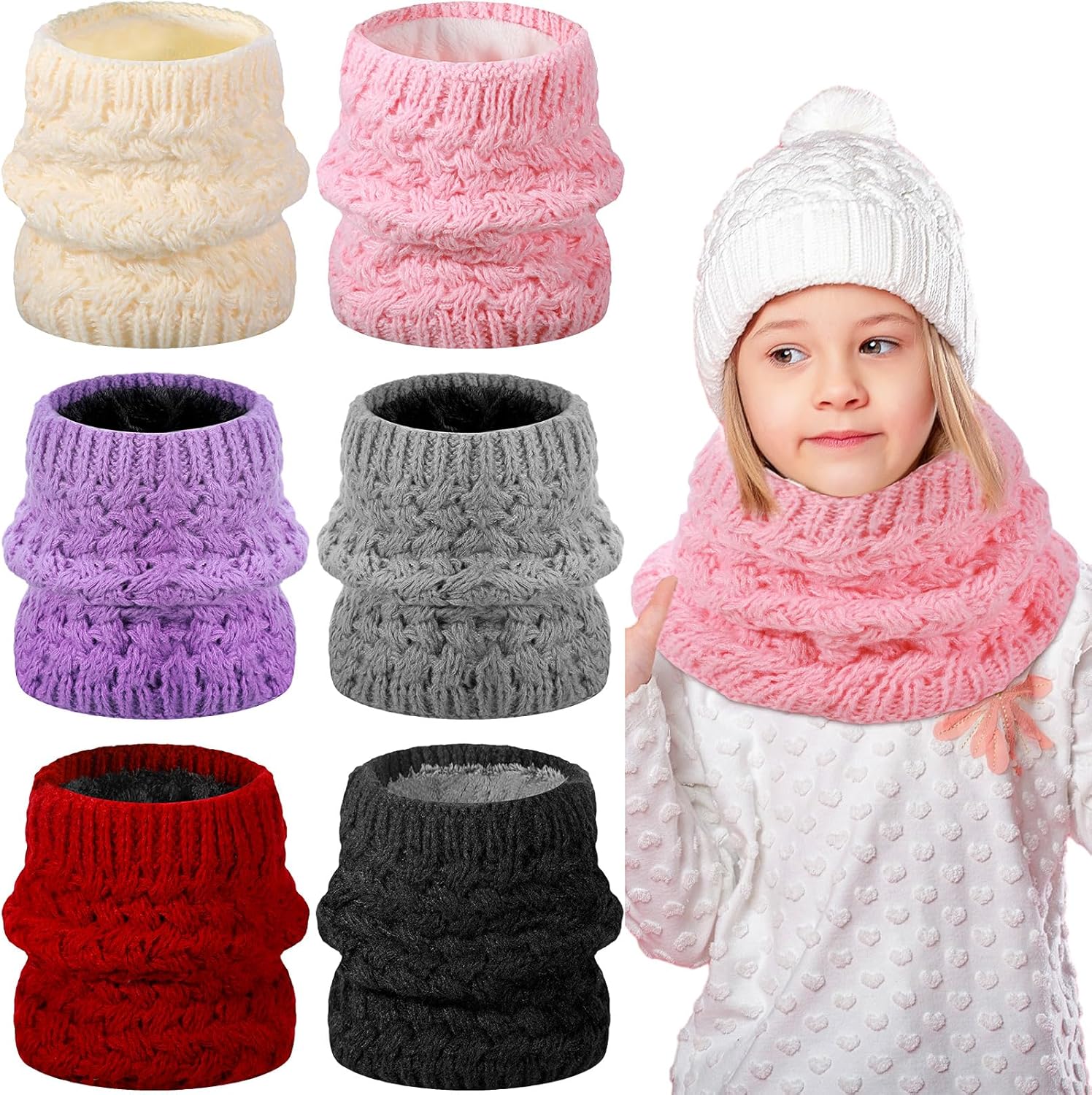 Cozypower 6 Pcs Kids Winter Knitted Infinity Scarf Girls Boys Neck Warmer Double Layer Fleece Lined Neck Gaiter Windproof Cozypower 6 Pcs Kids Winter Knitted Infinity Scarf Girls Boys Neck Warmer Double Layer Fleece Lined Neck Gaiter Windproof