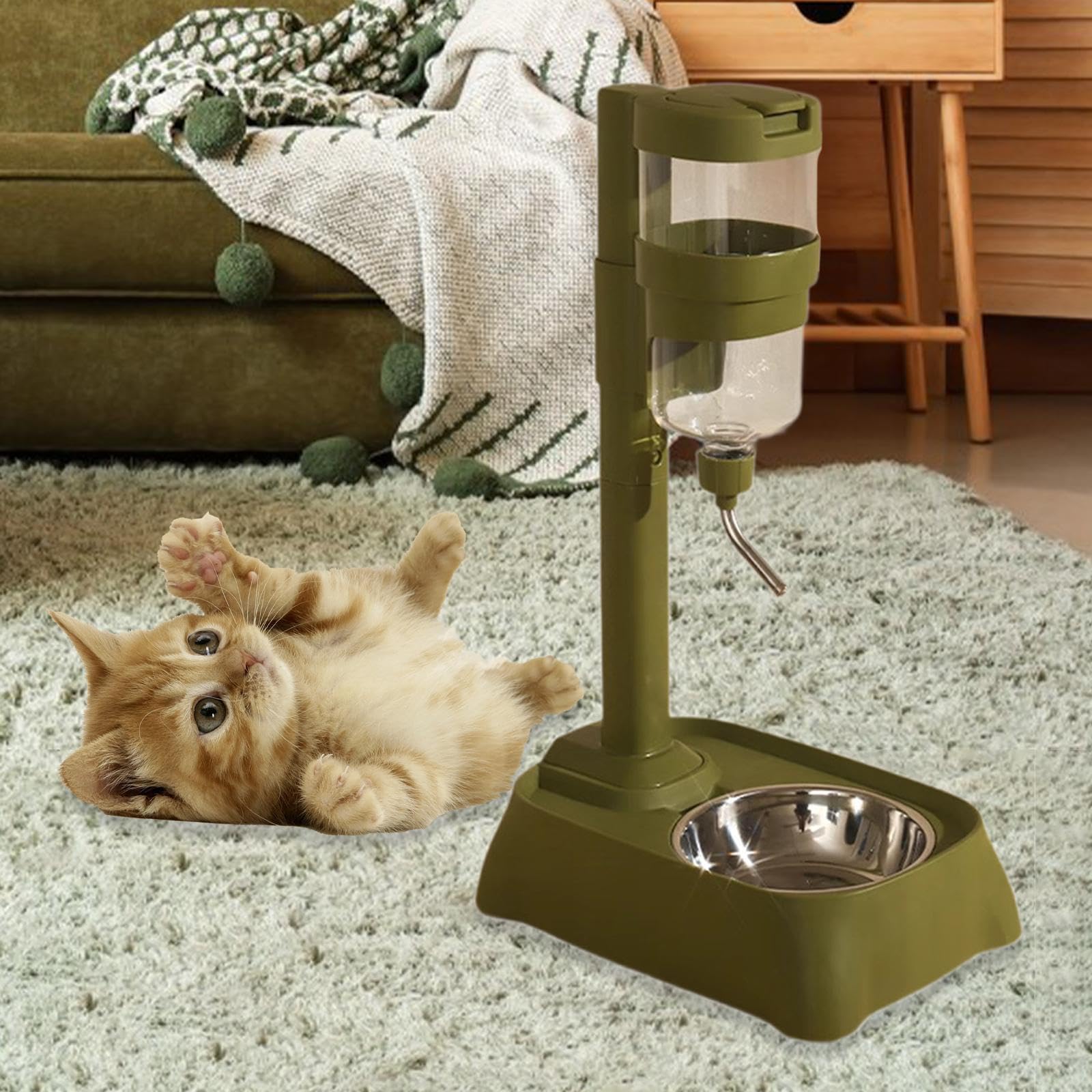 Generic Pet Automatic Water Drinker Water Bottle Stand Feeding Station Portable Cat Dog Bowl Automatic Food Feeder for Puppy Hamster, Green