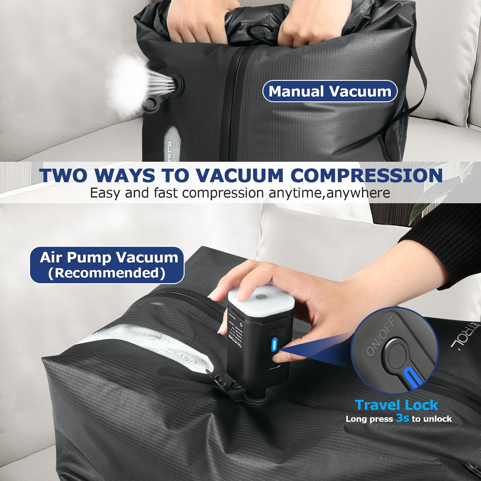 TPU-Vakuumbeutel für Reisen, wiederverwendbarer Kompressionsbeutel aus 70D-Nylon mit wasserdichtem IP67-Reißverschluss, Kompressions-Packwürfel für Kleidung(Grau, 2 Stück + Pumpe)