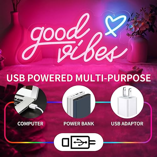 Miniatura 6 de Good Vibes - Letrero de neón rosa con corazón, luces LED rosas de 15.7 x 8 pulgadas, funciona con USB, letrero LED Good Vibes para dormitorio,