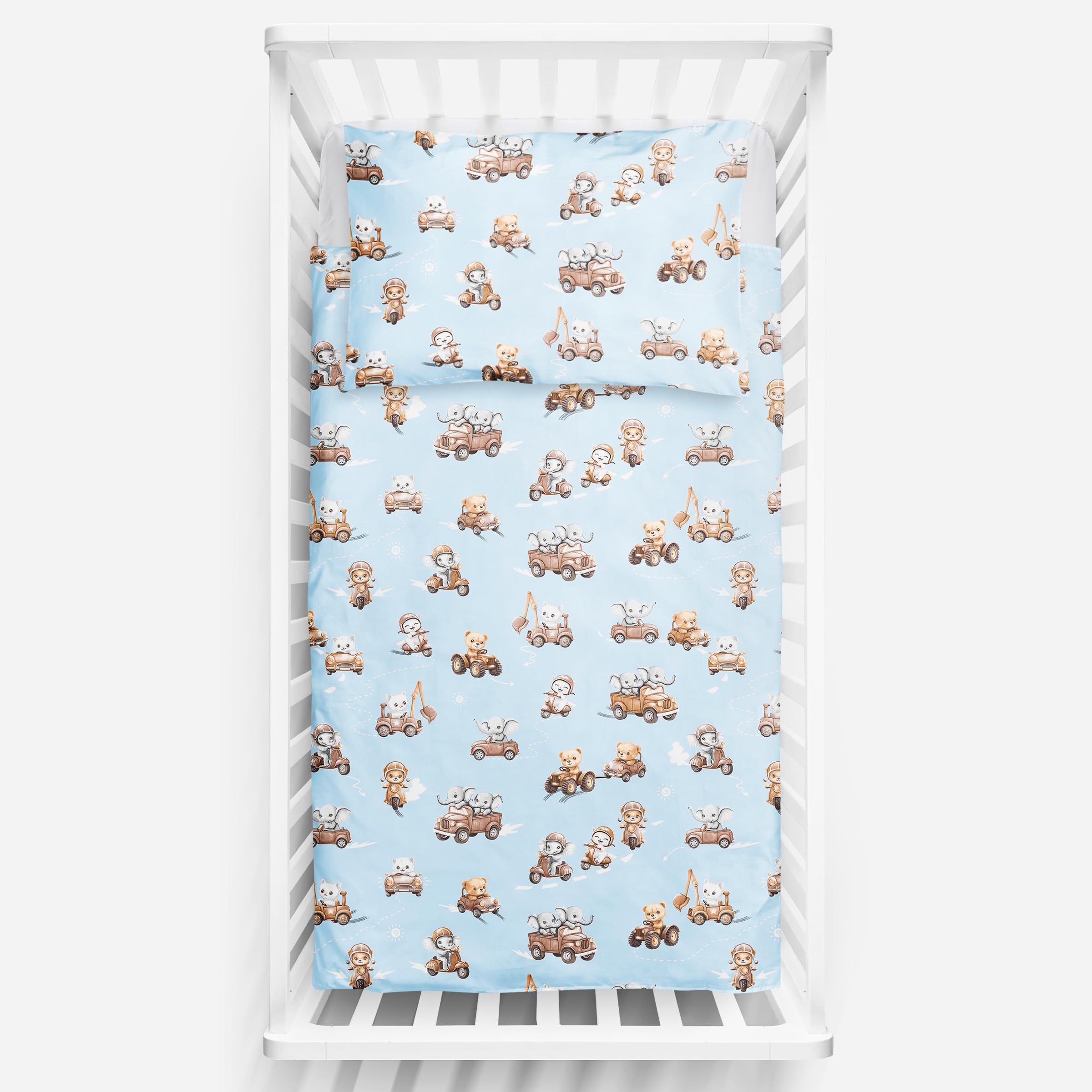 2 Piece Baby Kids Bedding Set 120x90 cm Duvet Cover & Pillowcase for Toddler Cot 12M+ (Animals in transport)