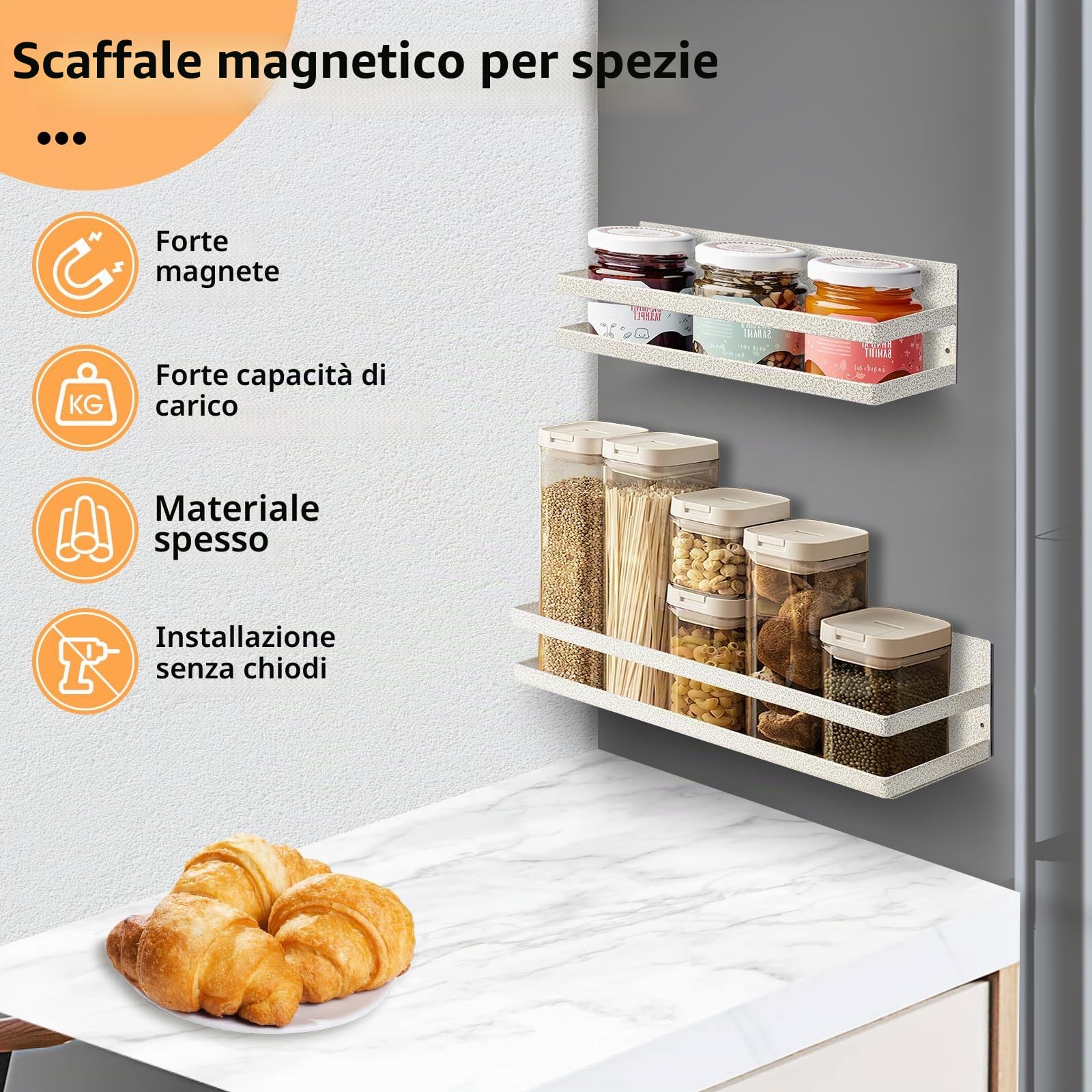 Uten Portaspezie magnetico, confezione da 2 mensole magnetiche resistenti, da parete, senza foratura, per armadietti, frigoriferi, salvaspazio, organizzazione della cucina, struttura bianca