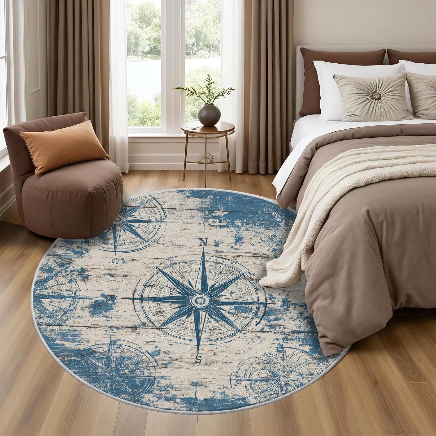 Naval Compass (Blue) Round Rugs 2 ft Round Area Rug - Washable Circle Rugs Floor Mats Shabby Chic Wooden Planks Low Pile Throw Non-Slip Carpet for Kitchen Living Room Bedroom Office Rug for Dorm