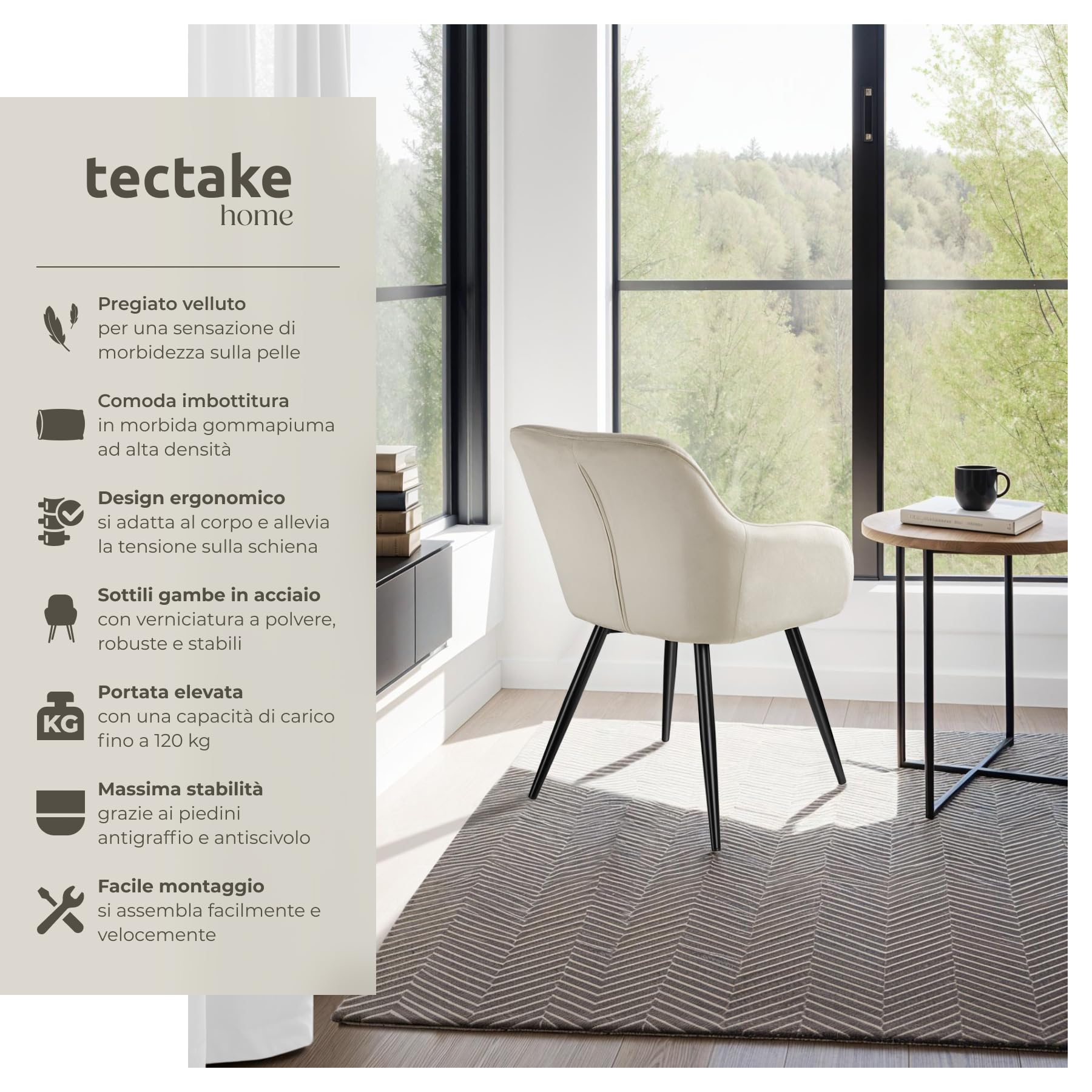 tectake® Set 6 Sedie Sala da Pranzo Effetto Velluto, Sedie Soggiorno con Morbida Imbottitura, Seduta Ergonomica, Poltrone Velluto Versatili, Sedie Design Moderno - Crema/Nero