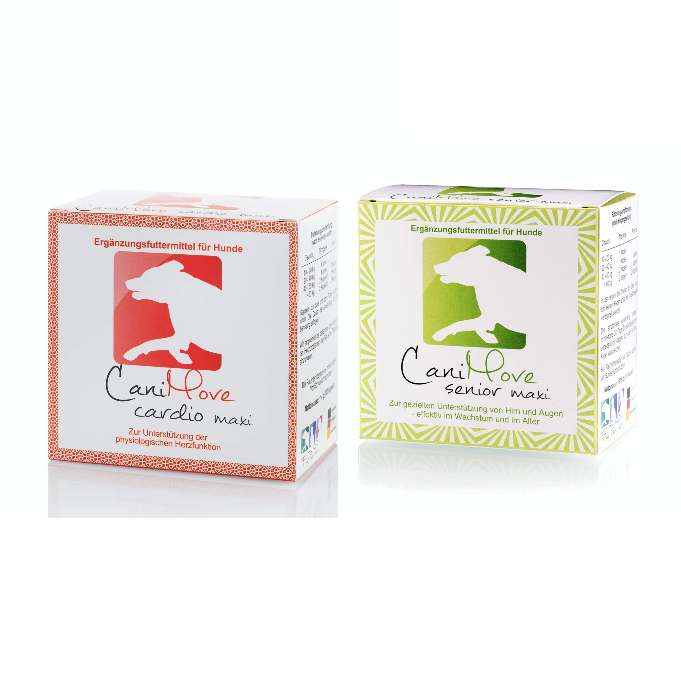 Spar-Bundle Senior + Cardio Maxi - 1 Packung (100 Kapseln) CaniMove Senior Maxi und 1 Packung (100 Kapseln) CaniMove Cardio Maxi - Ideal für ältere Hunde mit Problemen von Herz, Hirn oder Augen.