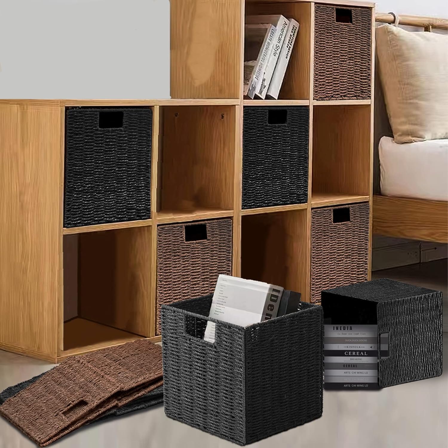 2 Cestas de Almacenaje, Cesta Mimbre Tejidas a Mano Cubo 28CM, Cesta Grande Plegable de Papel de Jacinto de Agua con Asas, Cesto Decorativo para Baño Estanterías Kallax Cocina
