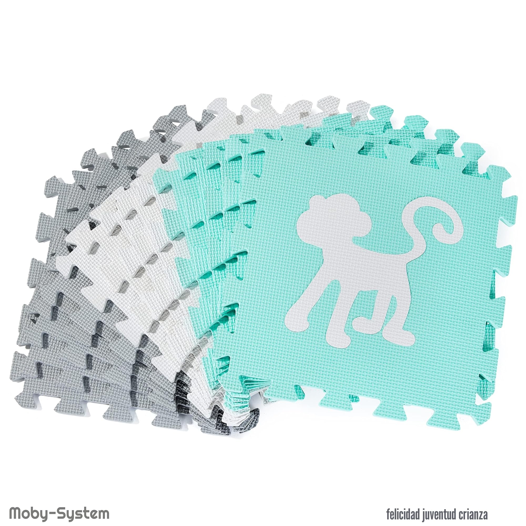 Moby-System Tapete Puzzle para Bebés 150x150cm - Alfombra Puzzle Antideslizante para Gatear y Jugar - Alfombra Bebe Impermeable con Diseños Educativos - Plegable y Lavable