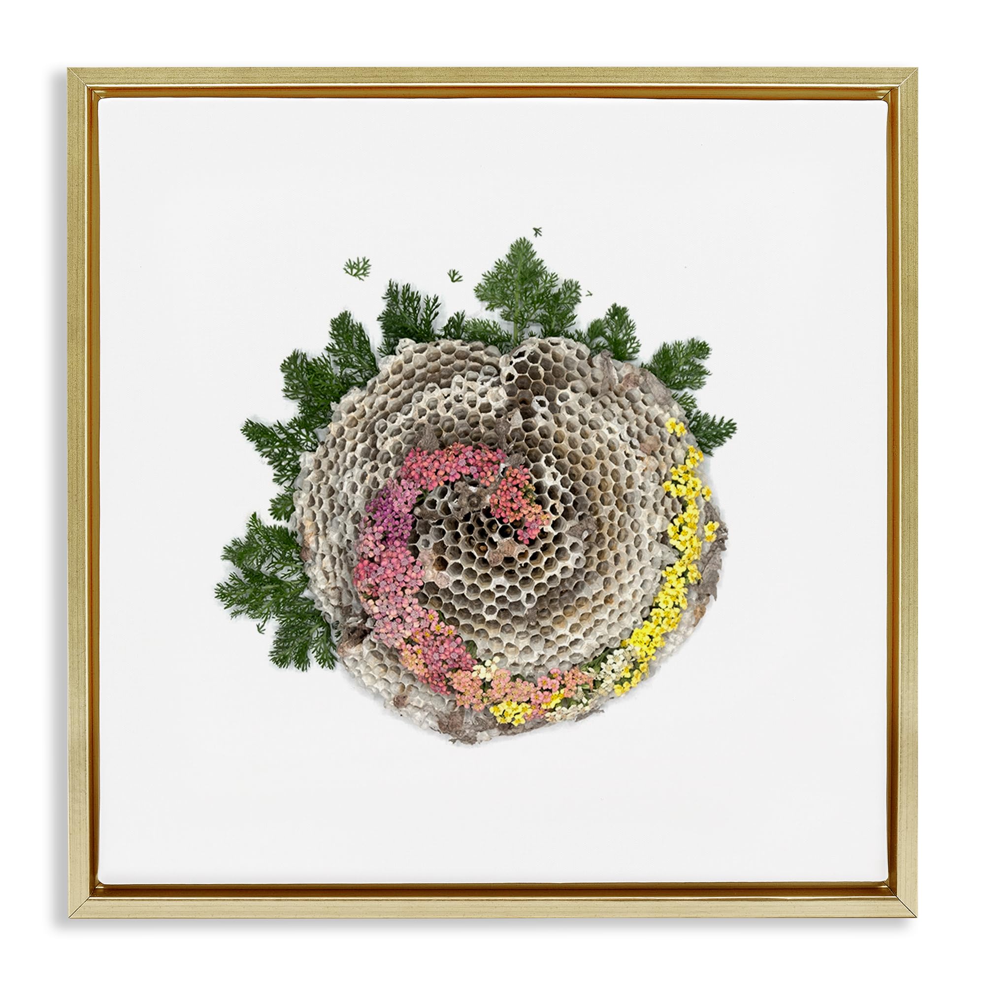 Stupell Industries Metallic Gold (Matte) 'Honeycomb With Botanicals'| Floating Frame Canvas Art