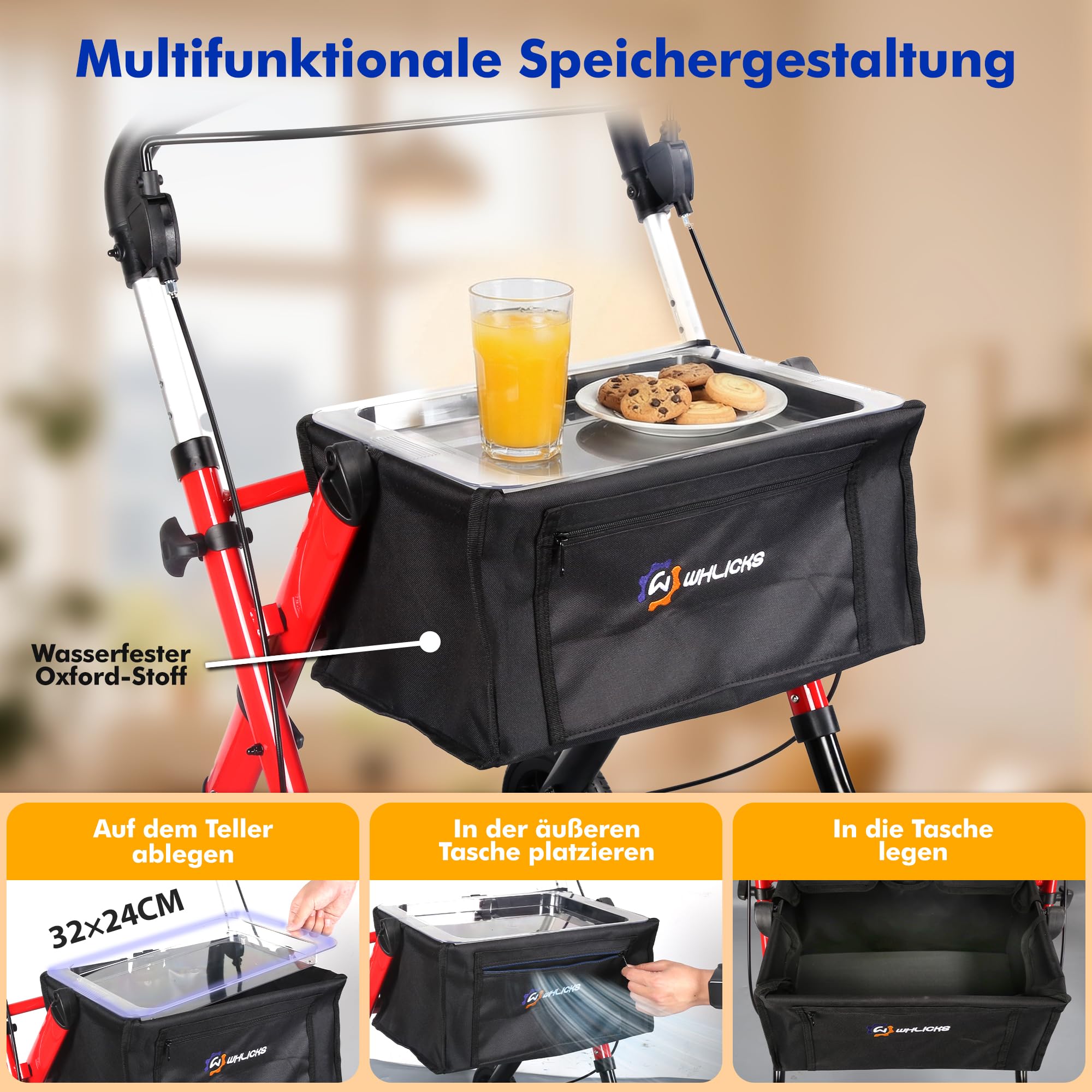 WHLICKS Rollator wąski do mieszkania, rollator wewnętrzny składany i lekki z tacą, pomoc w mobilności dla seniorów z aluminium, chodzik z koszem, zwrotny rollator mieszkaniowy