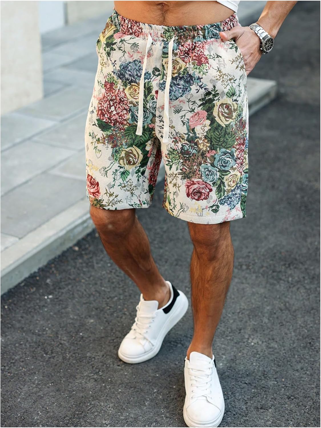 Men's Vintage Floral Jacquard Bermuda Shorts Drawstring Waist Summer Vacation Casual Shorts with Pockets XX-Large Multicolor image 4 of 5 B0F6L4KPRV