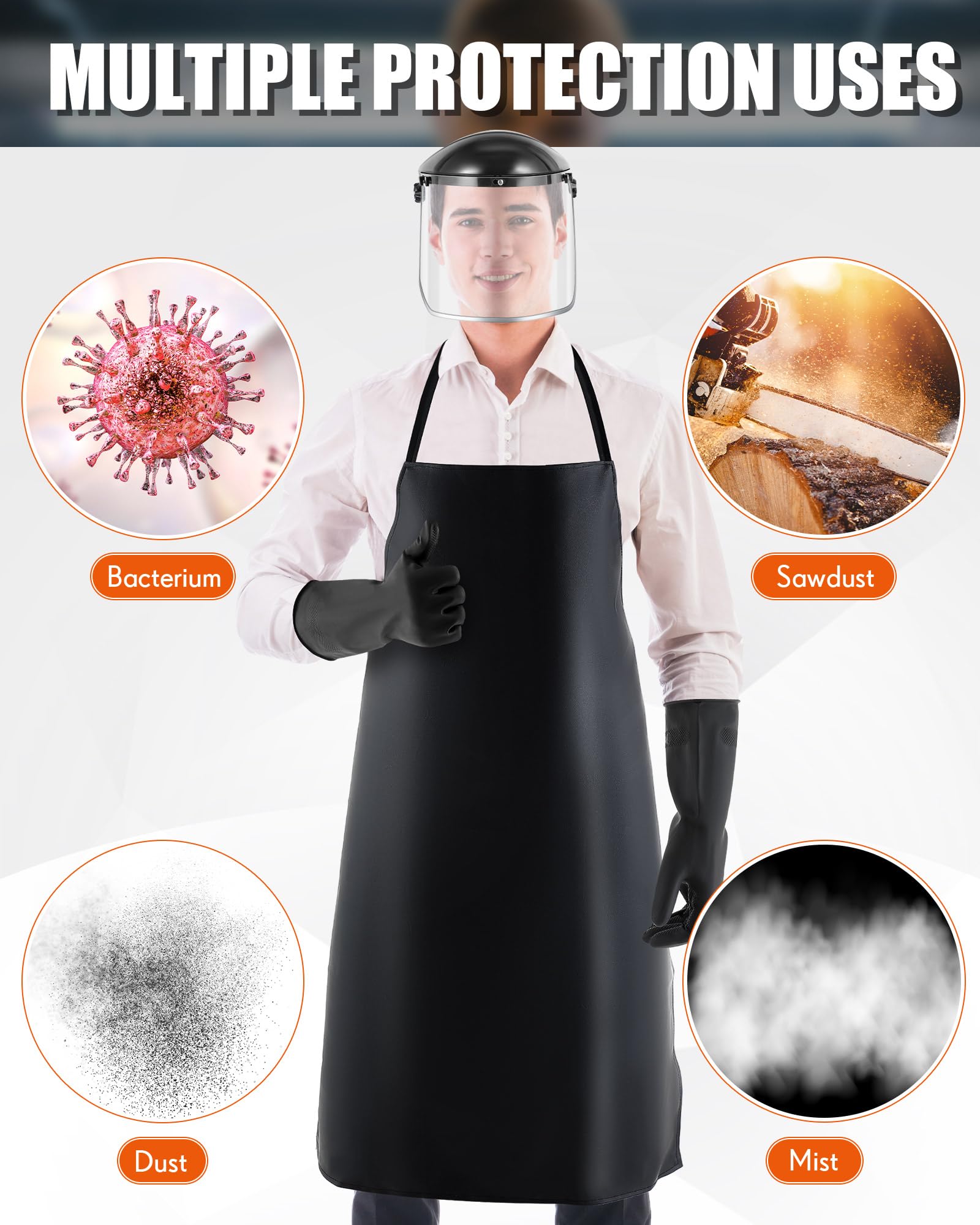 Paquete de 3 máscaras faciales de seguridad con delantal de goma impermeable de 42.5 pulgadas y guantes de látex resistentes a los productos químicos para trabajos químicos resistentes
