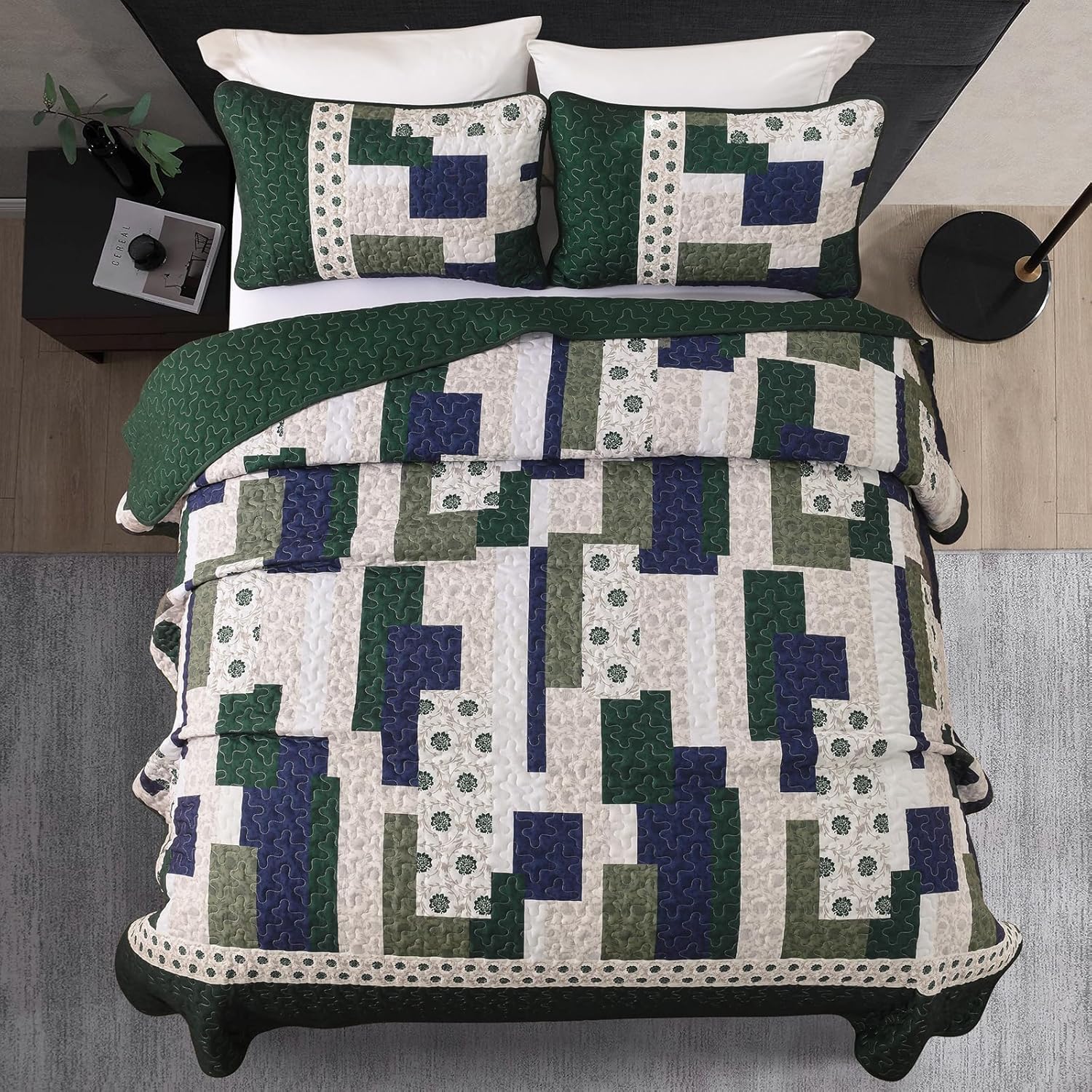 Yiran Olive Green King Quilt Set, Lightweight Patchwork Bedspreads Bedding Set, Farmhouse Coverlet Set with 2 Shams for All Seasons