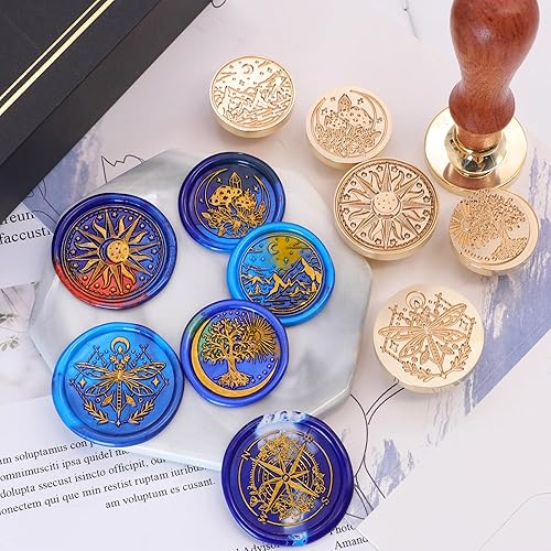 Miniatura 5 de SWANGSA Galaxy Universe Wax Seal Stamp Set, Vintage 6 Pcs Sealing Wax Stamp Heads and 1 Wooden Handle for Christmas,Wedding Party Invitations