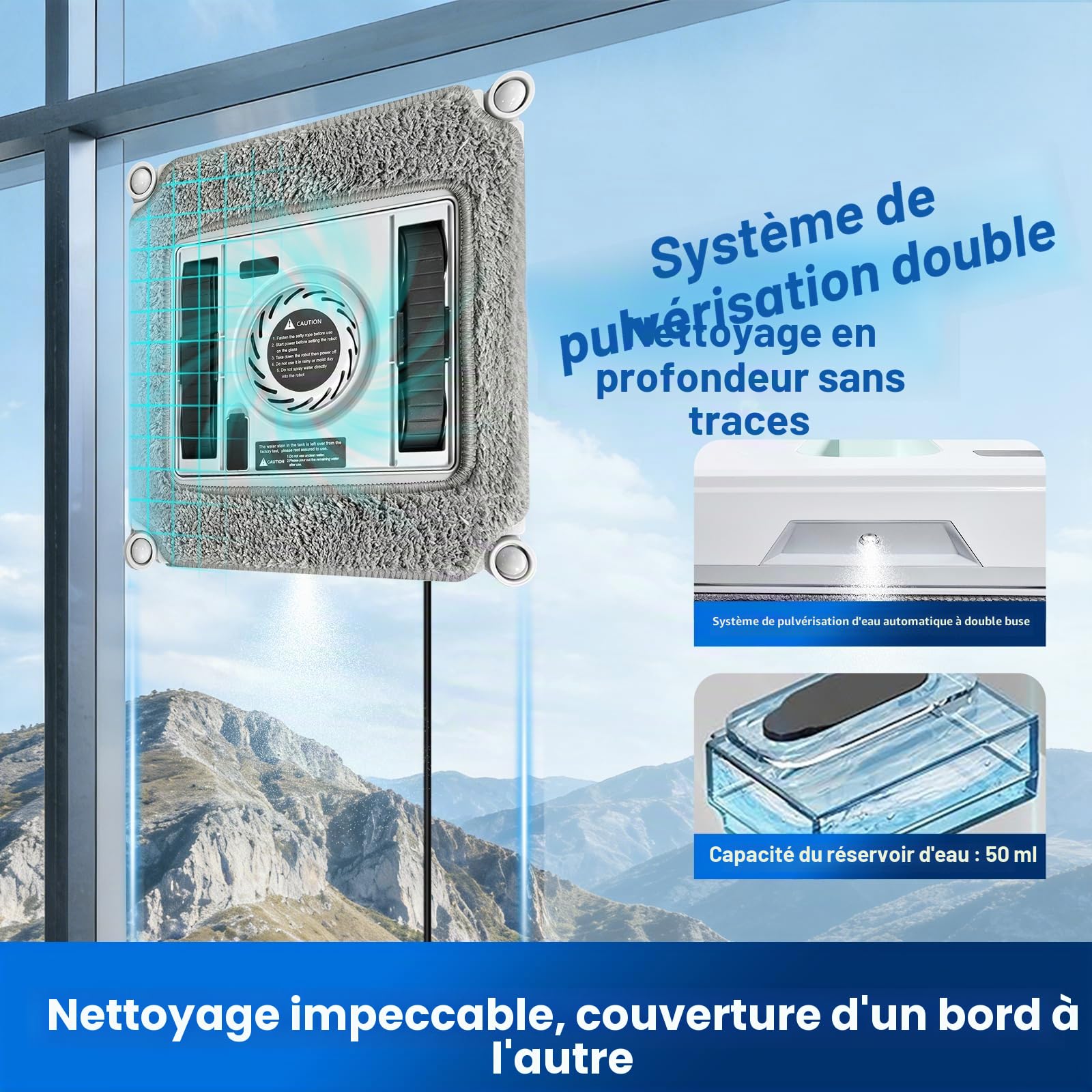 Robot de nettoyage de vitres carré avec moteur sans balais, double jet d'eau ultra fin, nettoyeur intelligent avec batterie UPS 650 mAh, application/télécommande pour verre, carrelage et