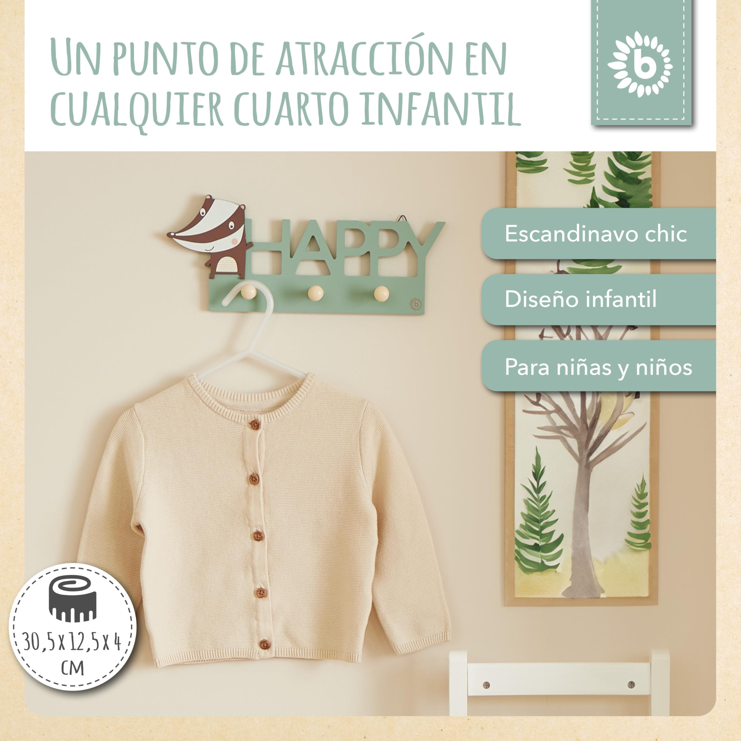 BIECO Garderobe Kinder Happy | Perchero Infantil Madera | Ganchos | Perchero Pared Madera | Colgador Ropa Infantil | 30 cm | 3 Ganchos |