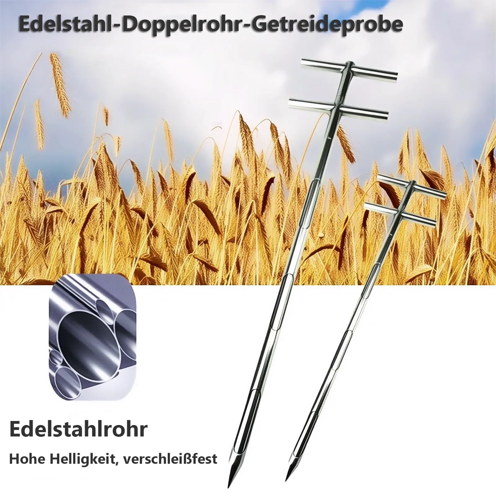 Probenehmer Getreide Edelstahl, 32 mm/38 mm Durchmesser, Pulver-Probenehmer, Doppelschichtiges Rotierendes Probenahmerohr, Feste Probenahmesonde für Reis,Mais,Weizen(150cm/59in)