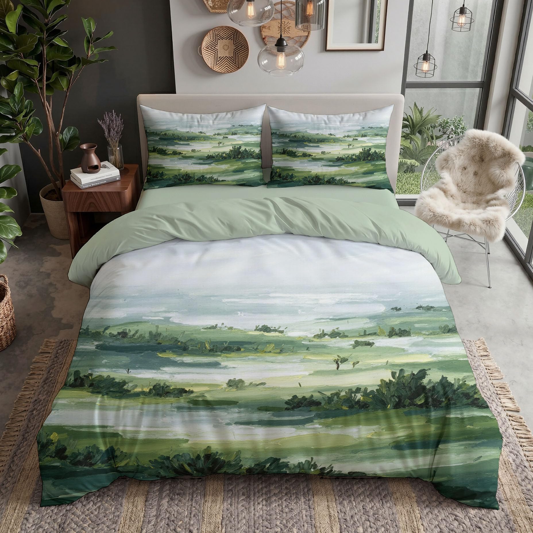 Bettwäsche 155x220cm Abstrakt Landschaft Feuchtgebiete Sträucher | Bettbezug 3teilig Weiche Allergiker Microfaser Bettwäsche-Sets, Deckenbezug mit Reißverschluss und 2 Kissenbezüge 80x80cm