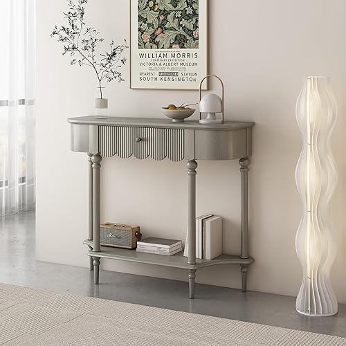 MUSEHOMEINC Mesa consola vintage de madera maciza con cajón y estante de almacenamiento abierto, mesa de entrada gris curvada francesa para pasillo,
