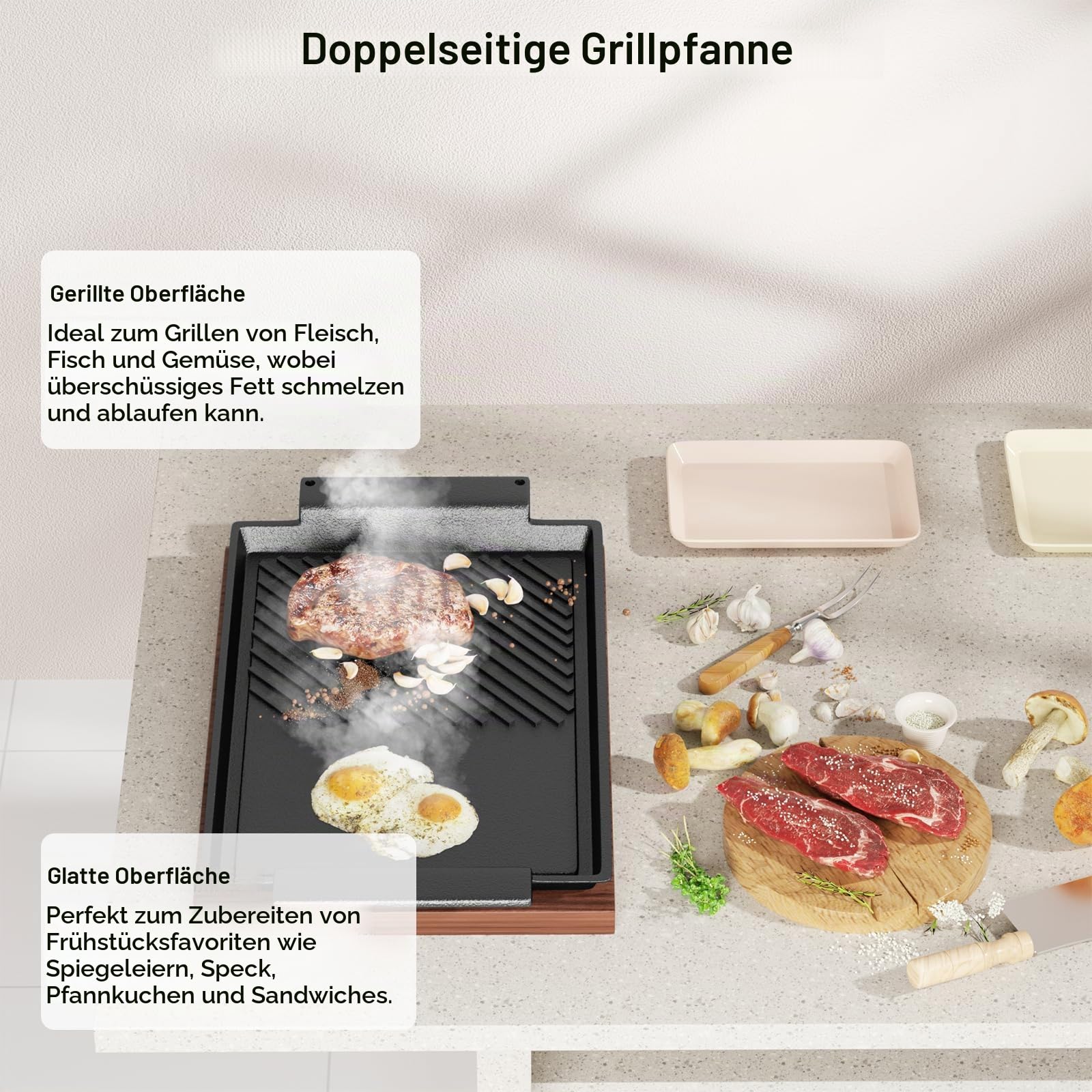Grillplatte 38x21 cm mit Seitengriffen Aufhängeloch glatte antihaftbeschichtete Plancha aus Gusseisen Guss für alle Herdarten inkl. Induktion & Backofen