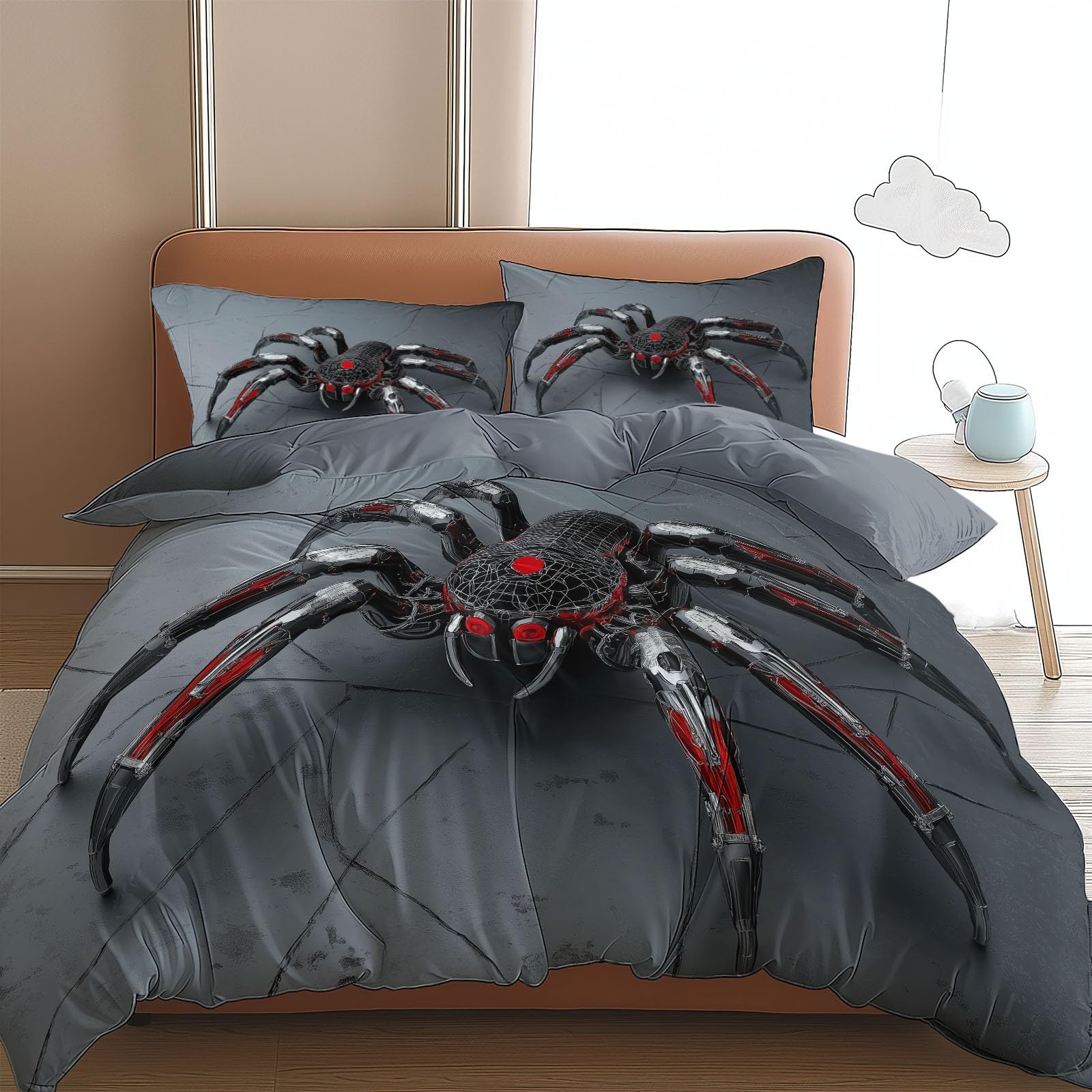 Grey 3D Duvet Cover Toddler Mechanical Spider 3D Printed Bedding Set 3 Pcs Soft Microfiber Comforter Cover with 2 Pillowcase 40