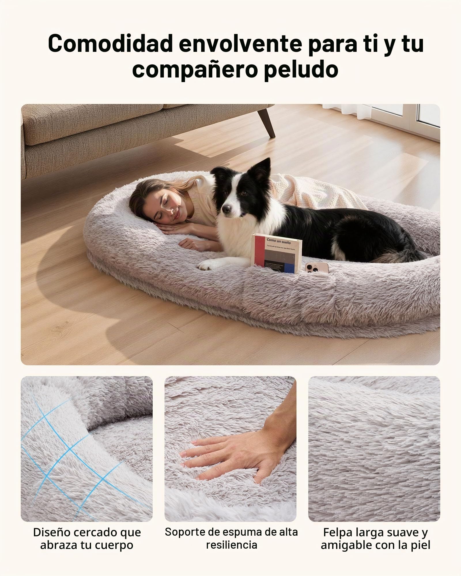 VEVOR Cama para Perros, Forma Ovalada, de Espuma Viscoelástica, Tamaño Humano, con Bolsillo Lateral, Asa y Cremallera, Funda Extraíble y Lavable a Máquina, Color Gris Claro, 1710 x 1000 x 240 mm
