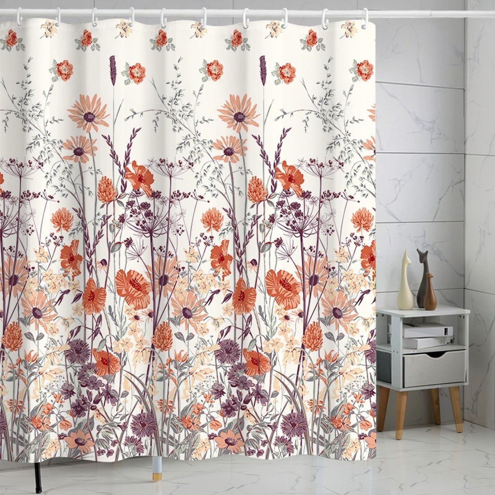 Shower Curtains Orange Retro Floral Wet Room Shower Curtain Mould Proof Resistant Waterproof Polyster Fabric Washable with 12 Hooks Garden Bathroom Curtains (180x220cm)