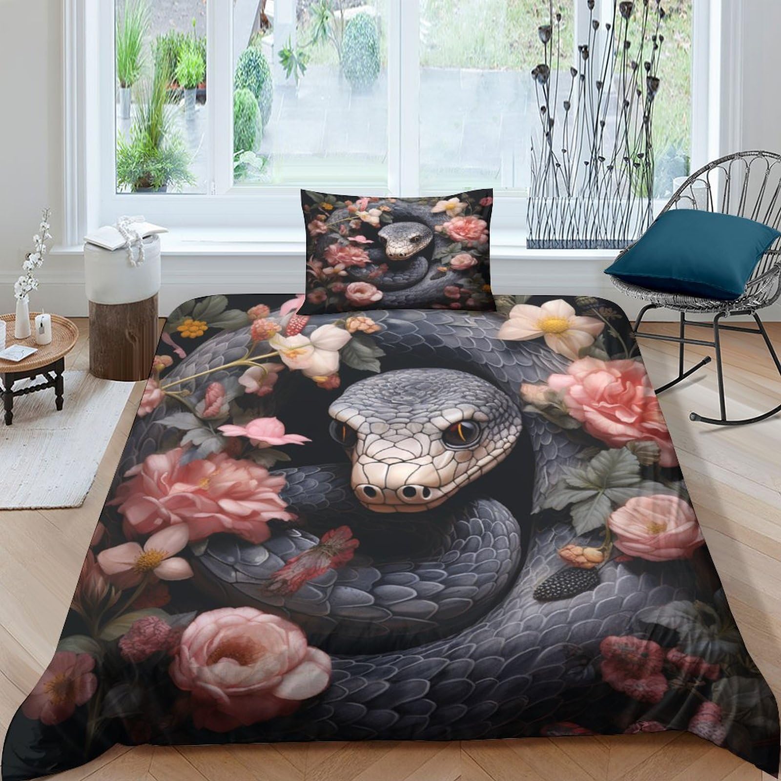 Housse de couette serpent 3D 135x200cm anti-pli avec fermeture éclair robuste