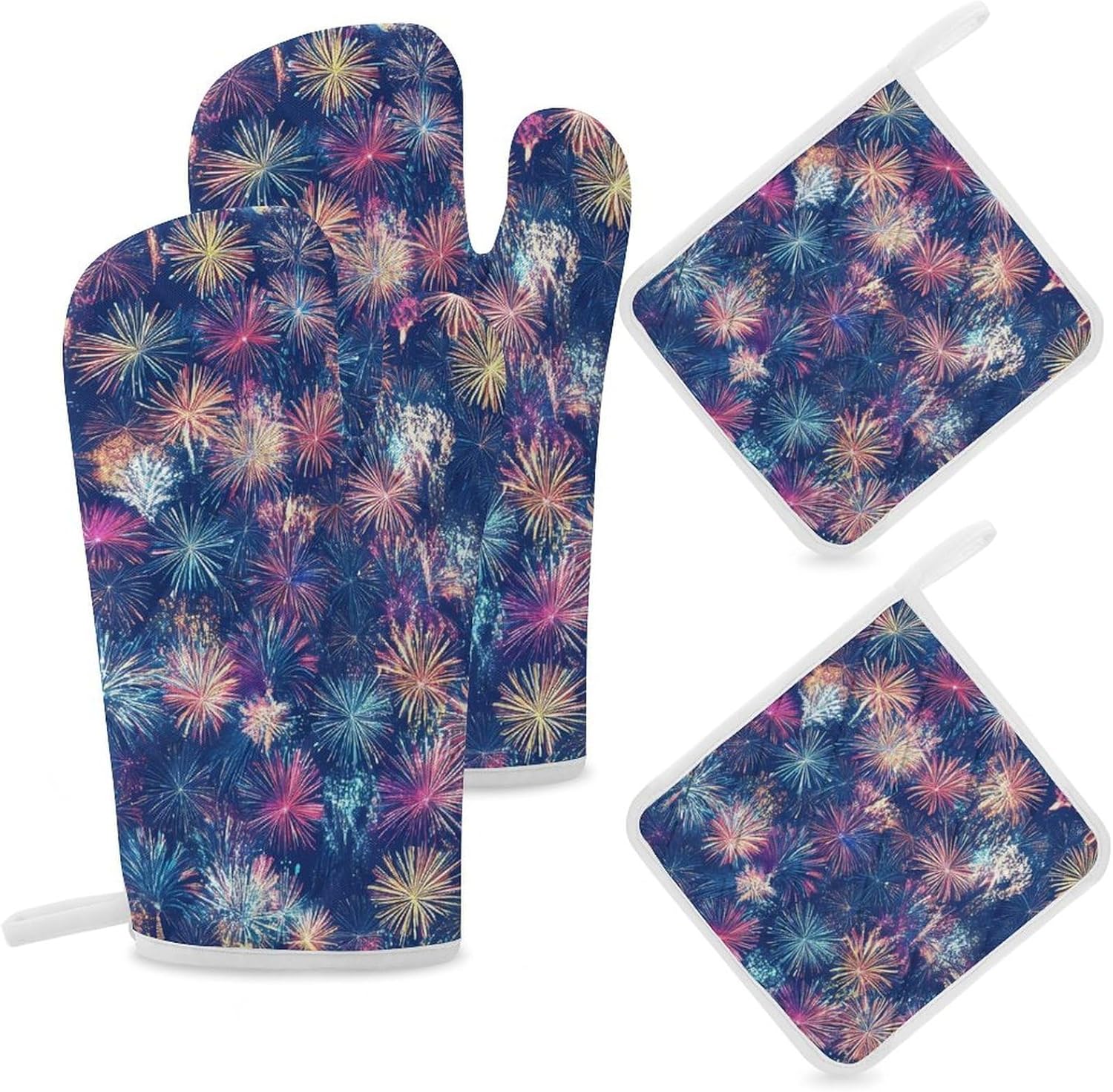 Vintage Fireworks Pattern Oven Mitts and Pot Holders 4Pcs Set Heat Resistant Cooking Mitts Hot Pads