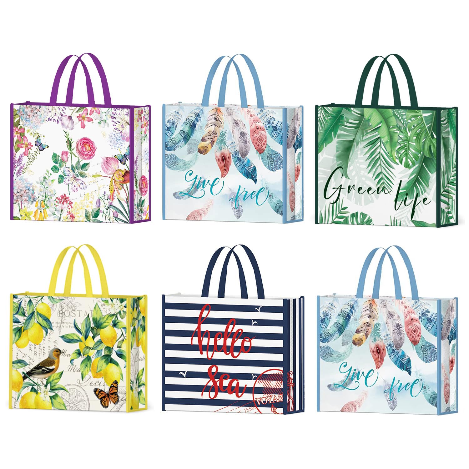 NymphFable 6 Pack Shopping Bags Reusable Grocery Tote Bags 50LBS Recycling Non-woven Bags-6 Styles