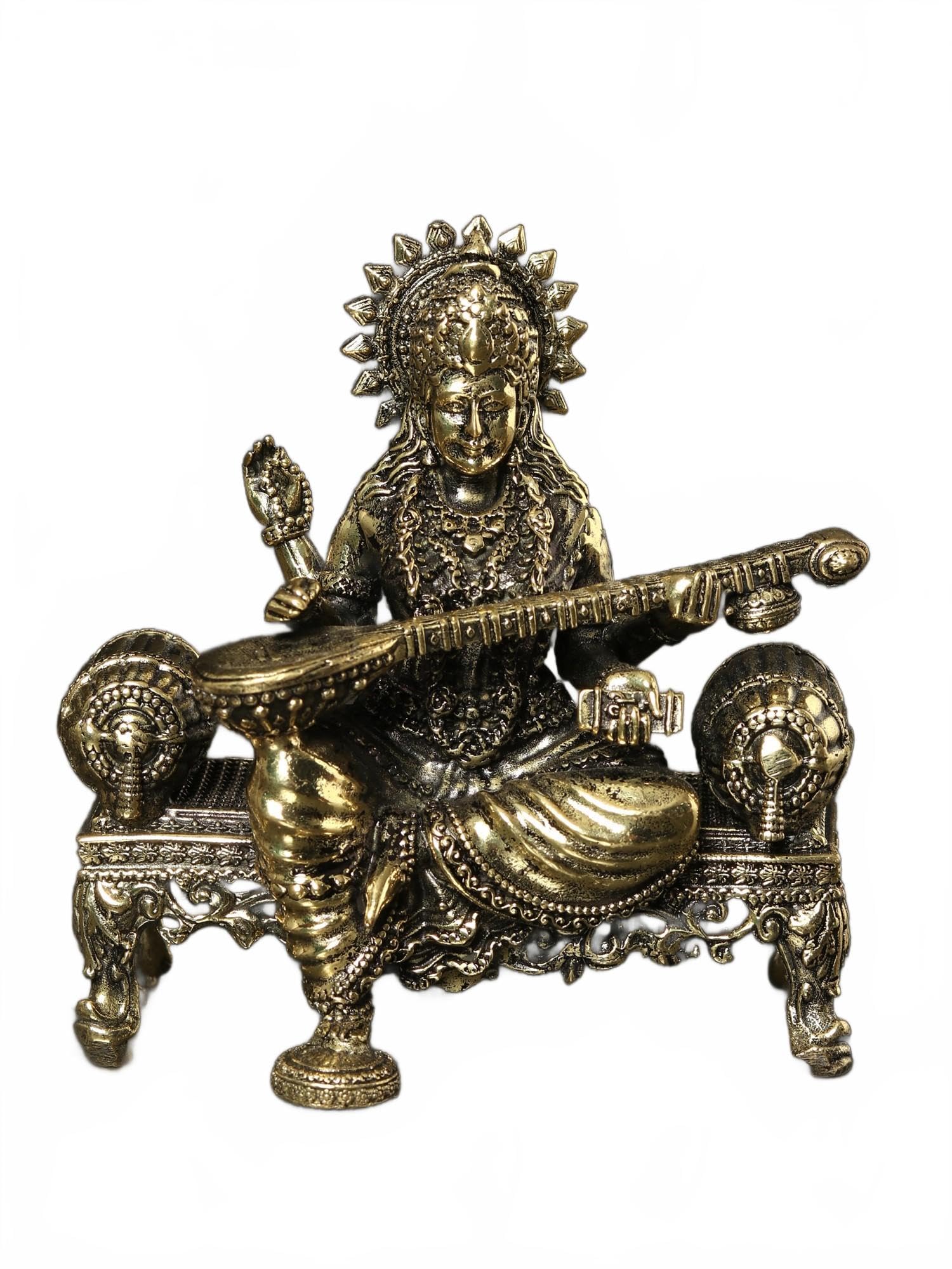 Exotic India Superfine Goddess Saraswati Brass Statue Seated on Singhasan | Maa Saraswati Idol for Puja Murti Home Décor